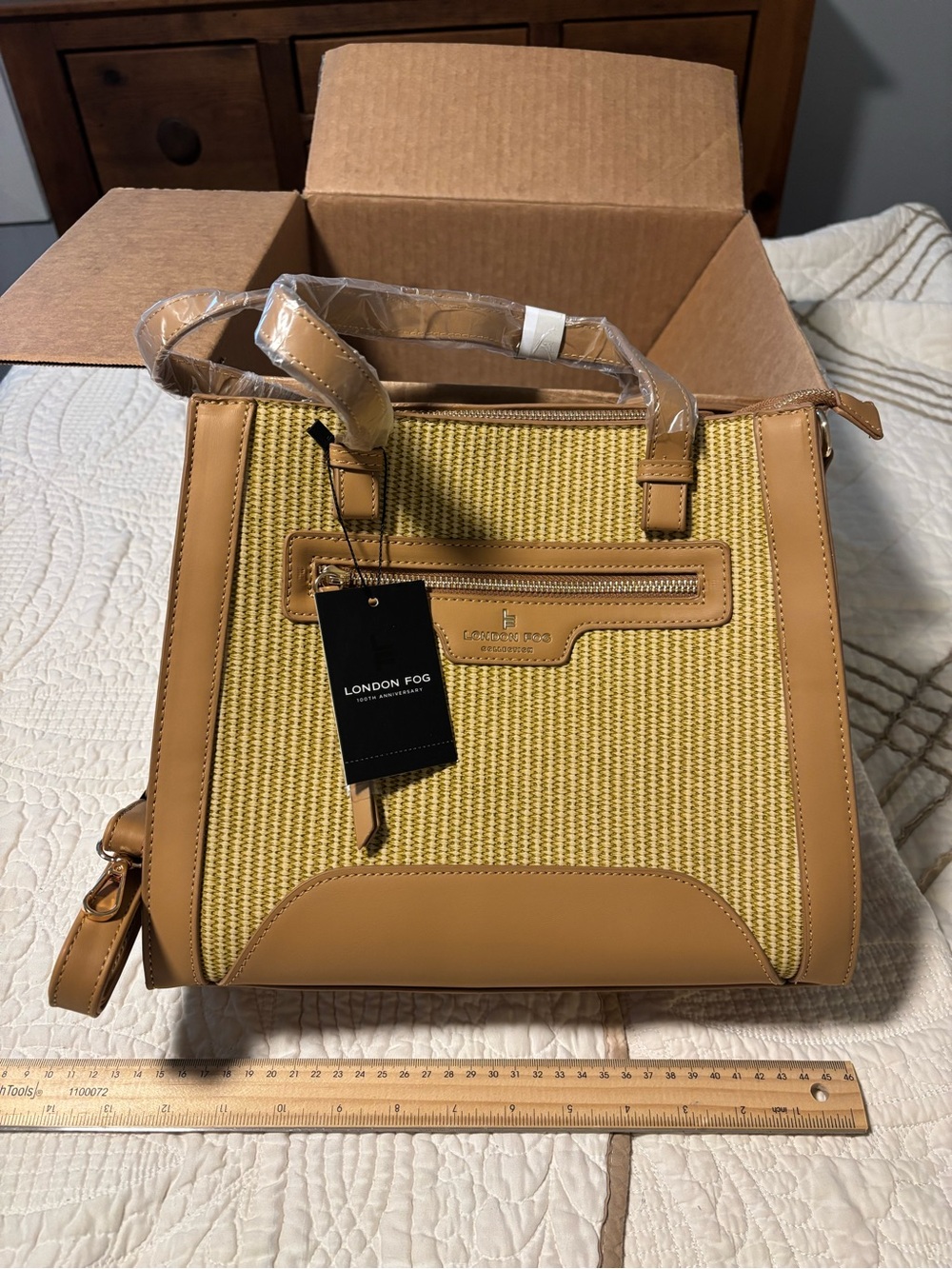 London Fog Tan and Yellow Crossbody Tote